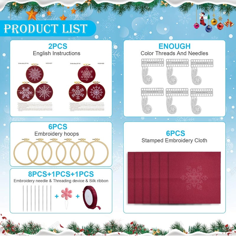 CMINAUS 6 Sets Christmas Embroidery kit for Beginners Adults, Antique Red Christmas Ornament Kit Snowflakes Needlepoint Cross Stitch Kits with Patterns, Stitch Learning Kit with Needles Ropes Ribbon-Red - Image 2